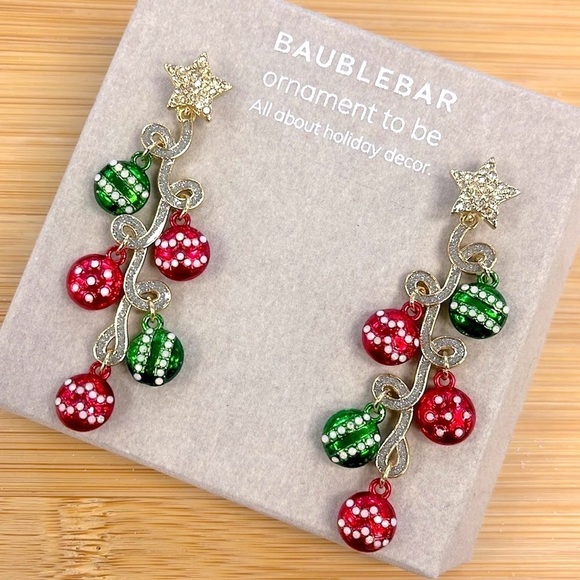 Brand New BaubleBar Christmas Ornaments Tree Stars Red Green Drop Earrings - Picture 6 of 13